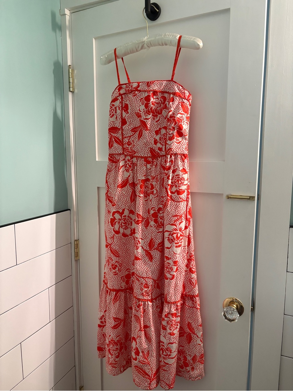 Orange and White Cotton Floral Sundress with Adjustable Straps and Pockets